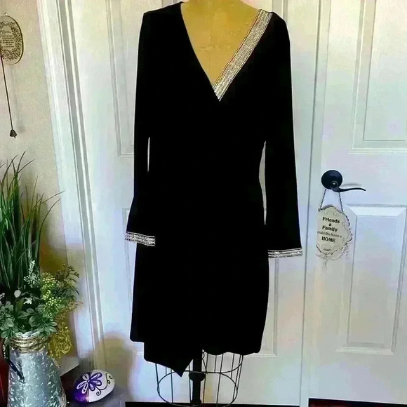 MSK Dresses & Skirts - MSK Evening Black Flattering V-neckline W/Rhinestones & cuff details Size L
